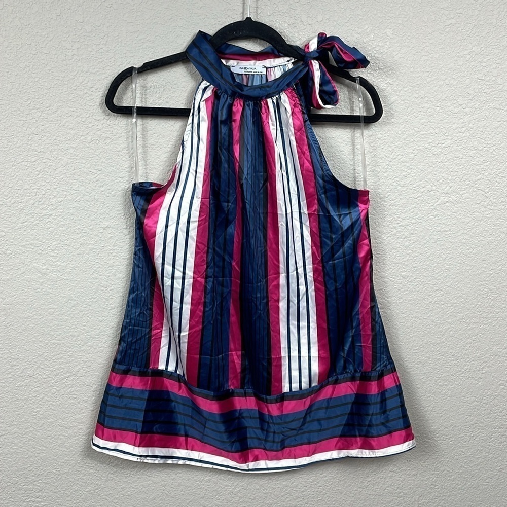 New Piazza Italia Striped Flowy Blouse Top with Bow Side Neck Sz L